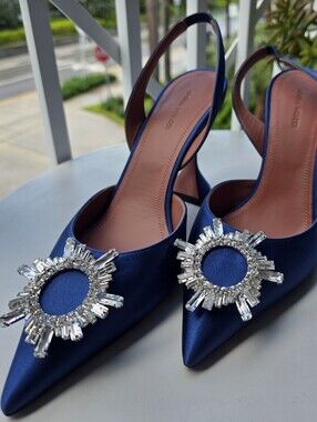 Amina Muaddi Cobalt Blue Satin Slingback Heels with Crystal Sunburst - New
